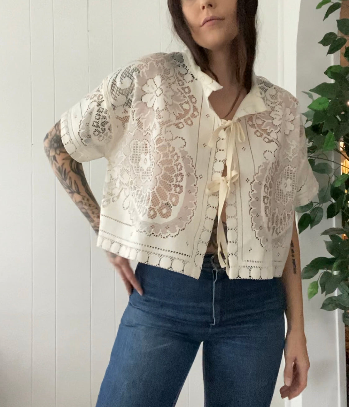 (L) Upcycled Tie Front Lace Blouse