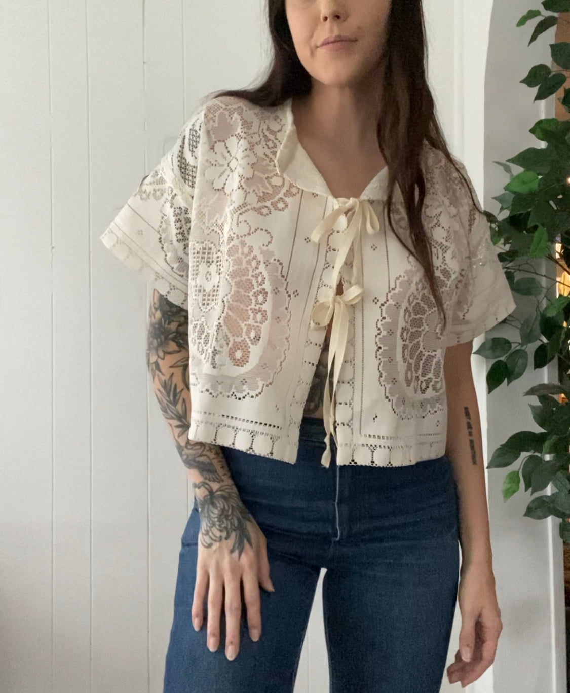(L) Upcycled Tie Front Lace Blouse