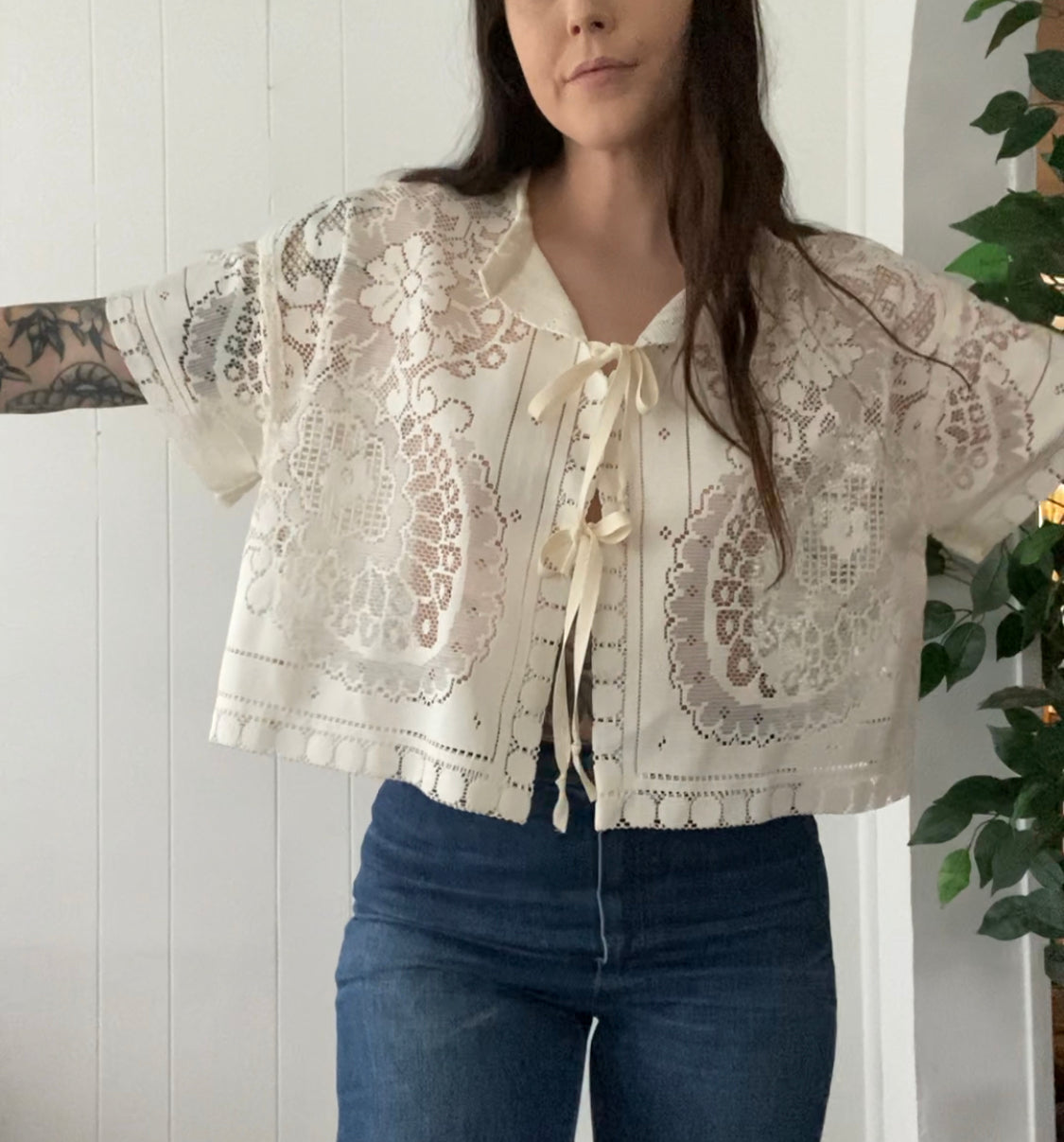 (L) Upcycled Tie Front Lace Blouse