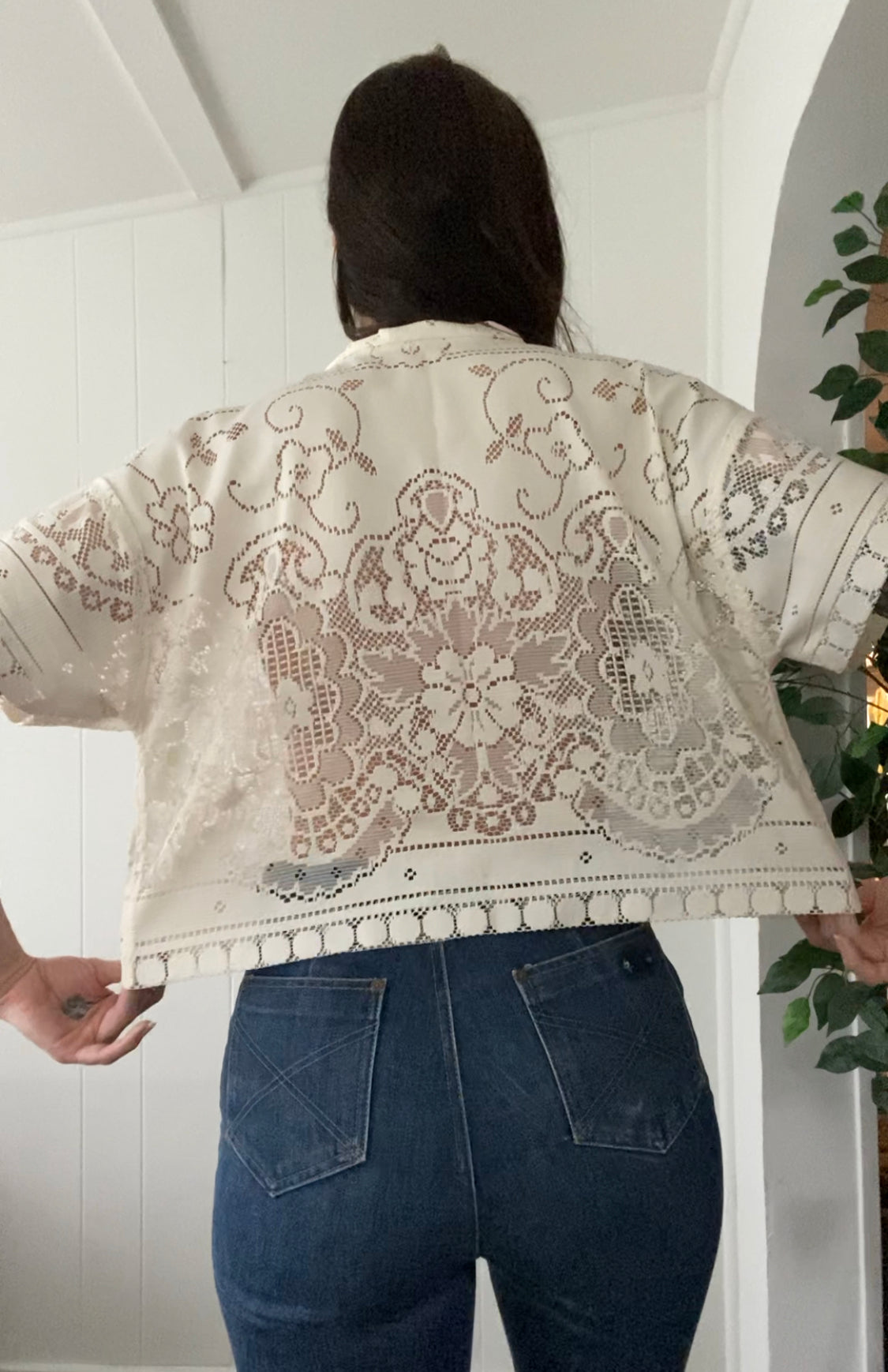 (L) Upcycled Tie Front Lace Blouse