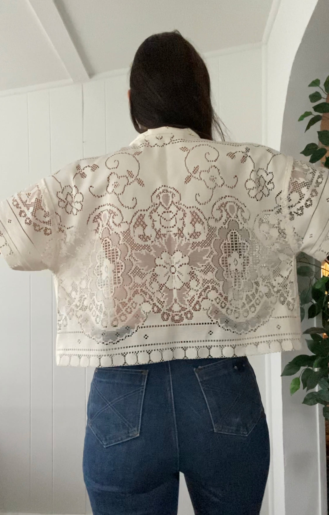 (L) Upcycled Tie Front Lace Blouse