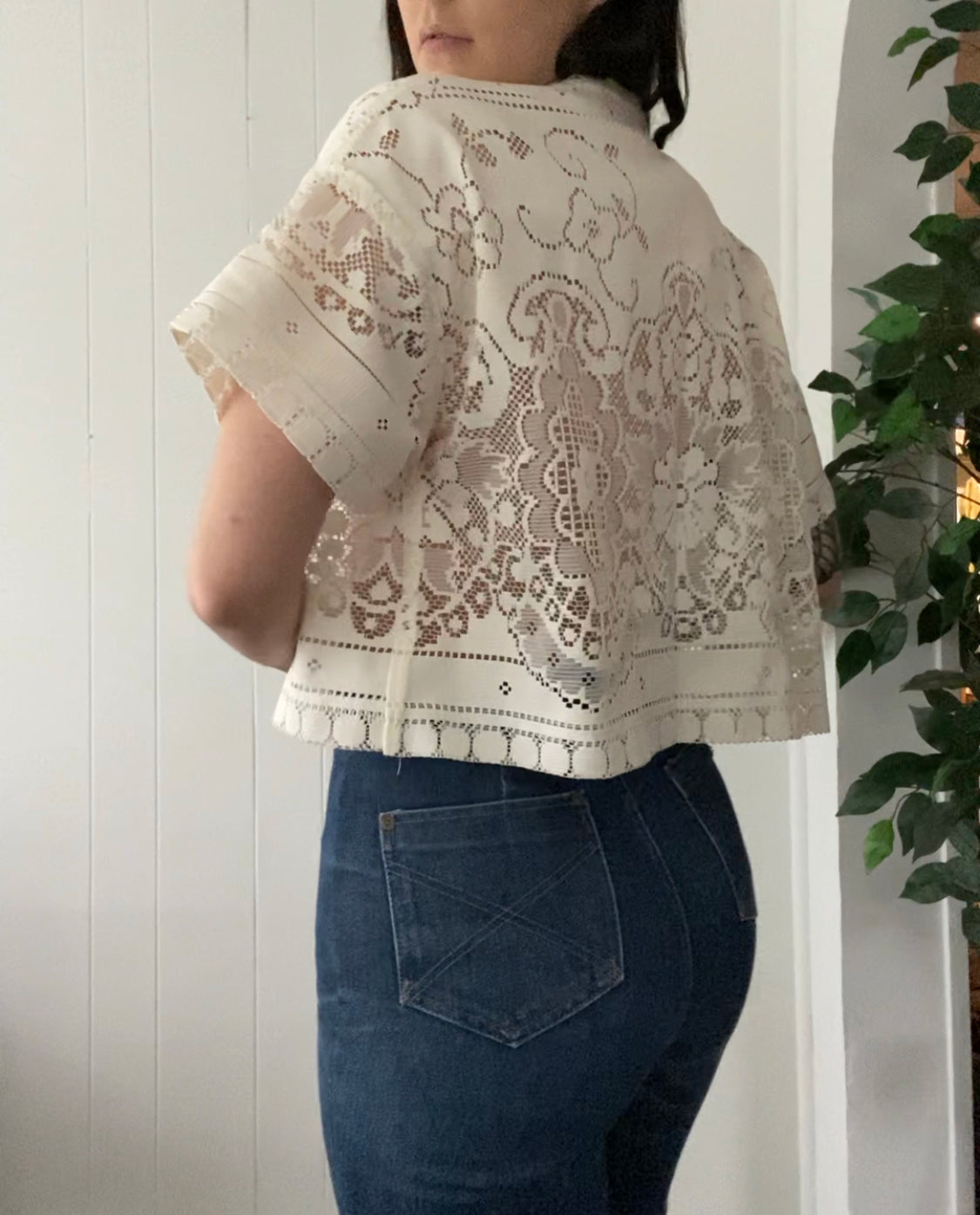 (L) Upcycled Tie Front Lace Blouse