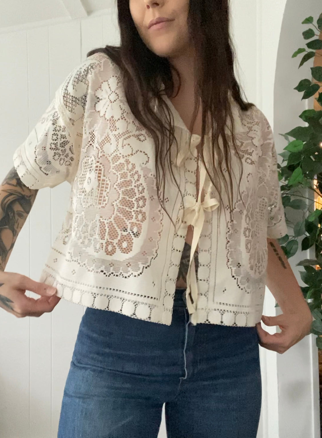 (L) Upcycled Tie Front Lace Blouse