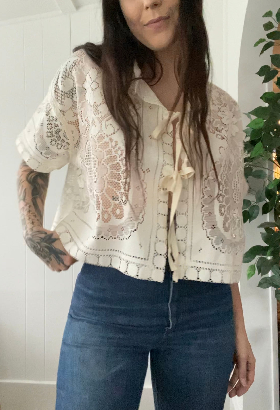 (L) Upcycled Tie Front Lace Blouse