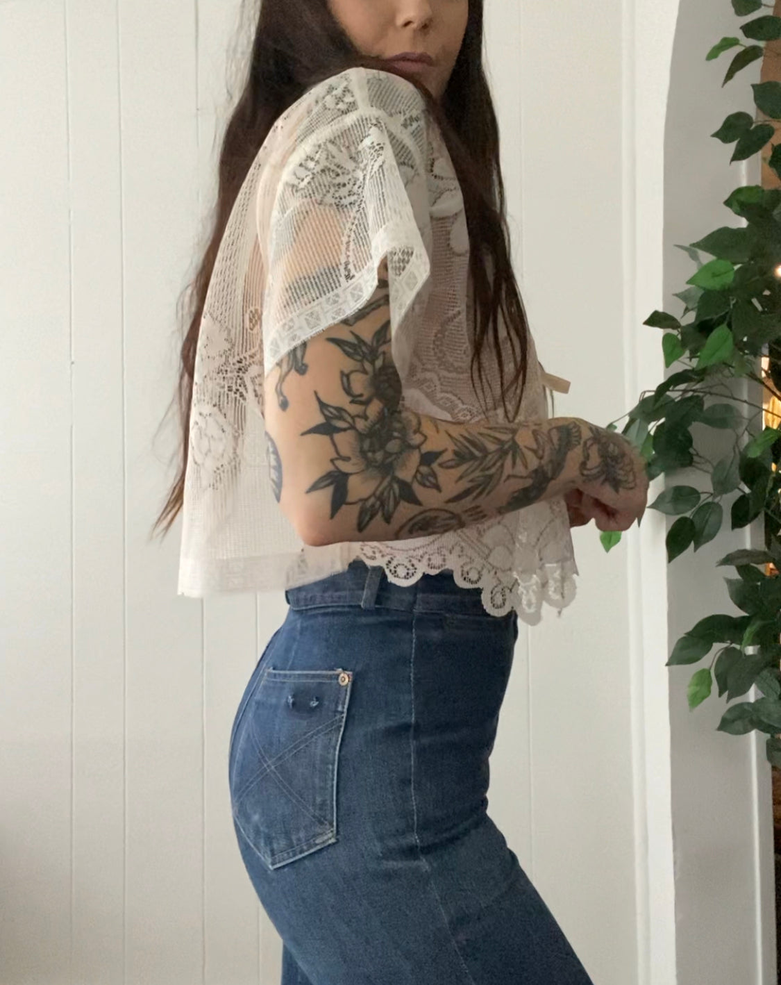 (S/M) Upcycled Tie Front Mesh Blouse