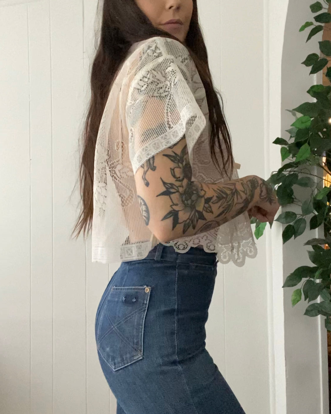 (S/M) Upcycled Tie Front Mesh Blouse
