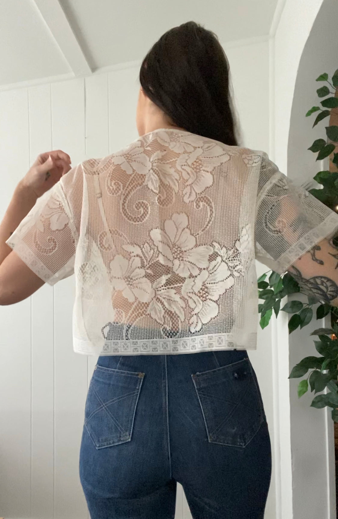(S/M) Upcycled Tie Front Mesh Blouse