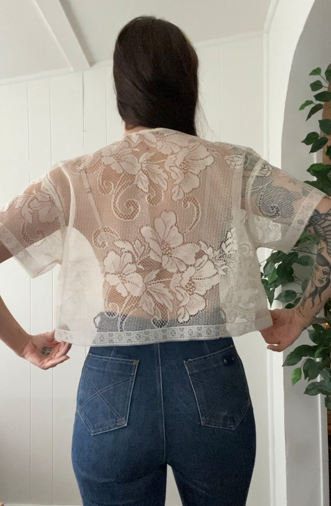 (S/M) Upcycled Tie Front Mesh Blouse