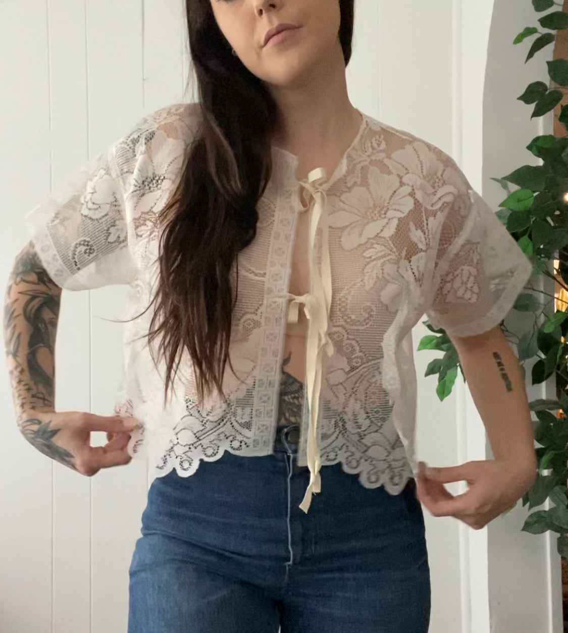 (S/M) Upcycled Tie Front Mesh Blouse