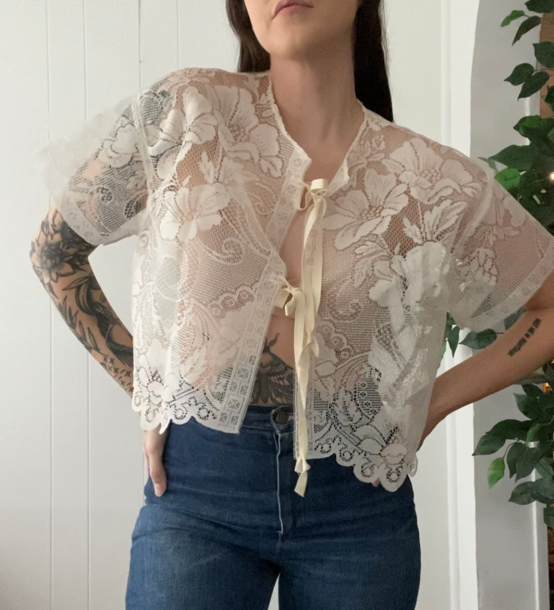 (S/M) Upcycled Tie Front Mesh Blouse