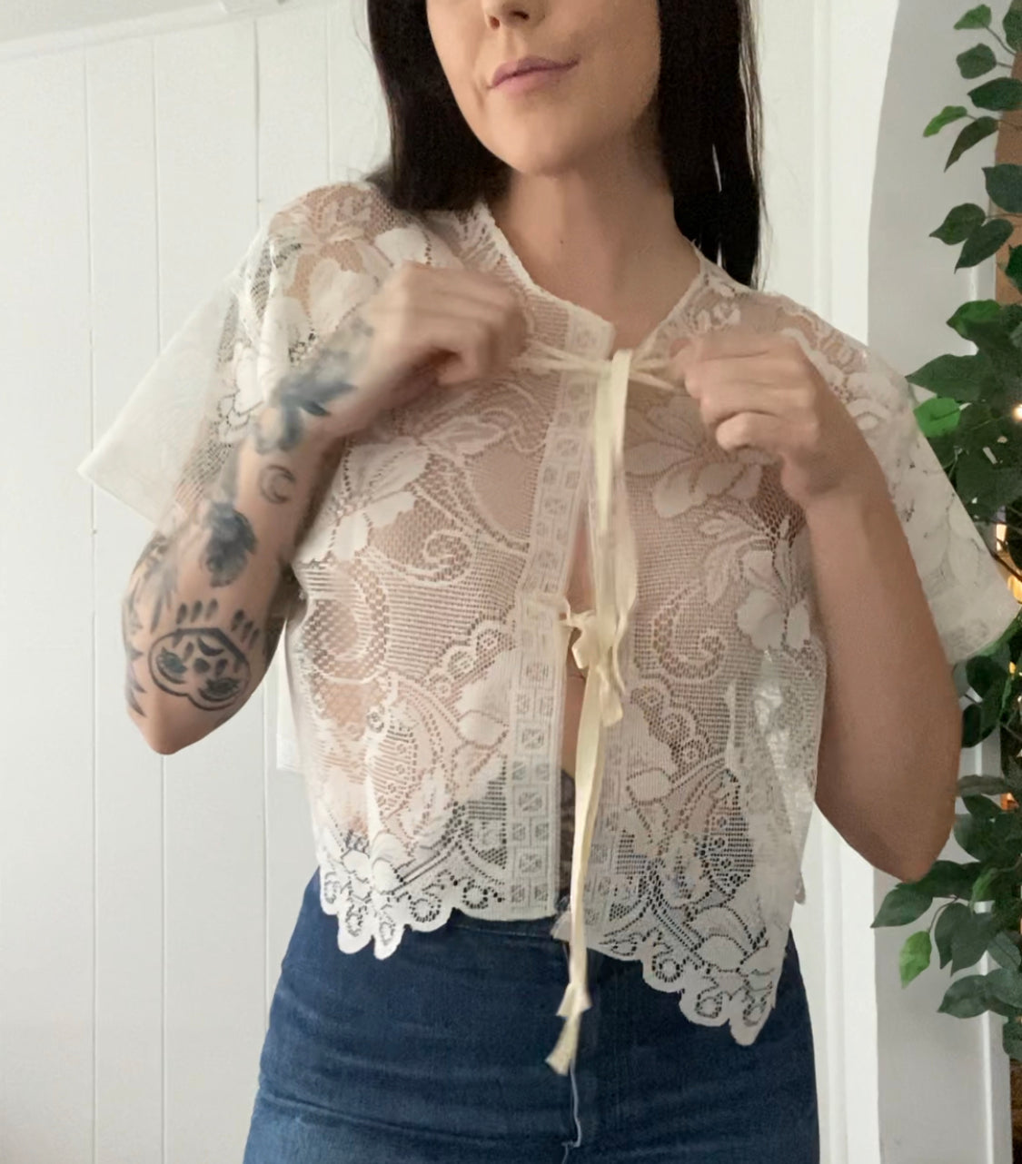 (S/M) Upcycled Tie Front Mesh Blouse