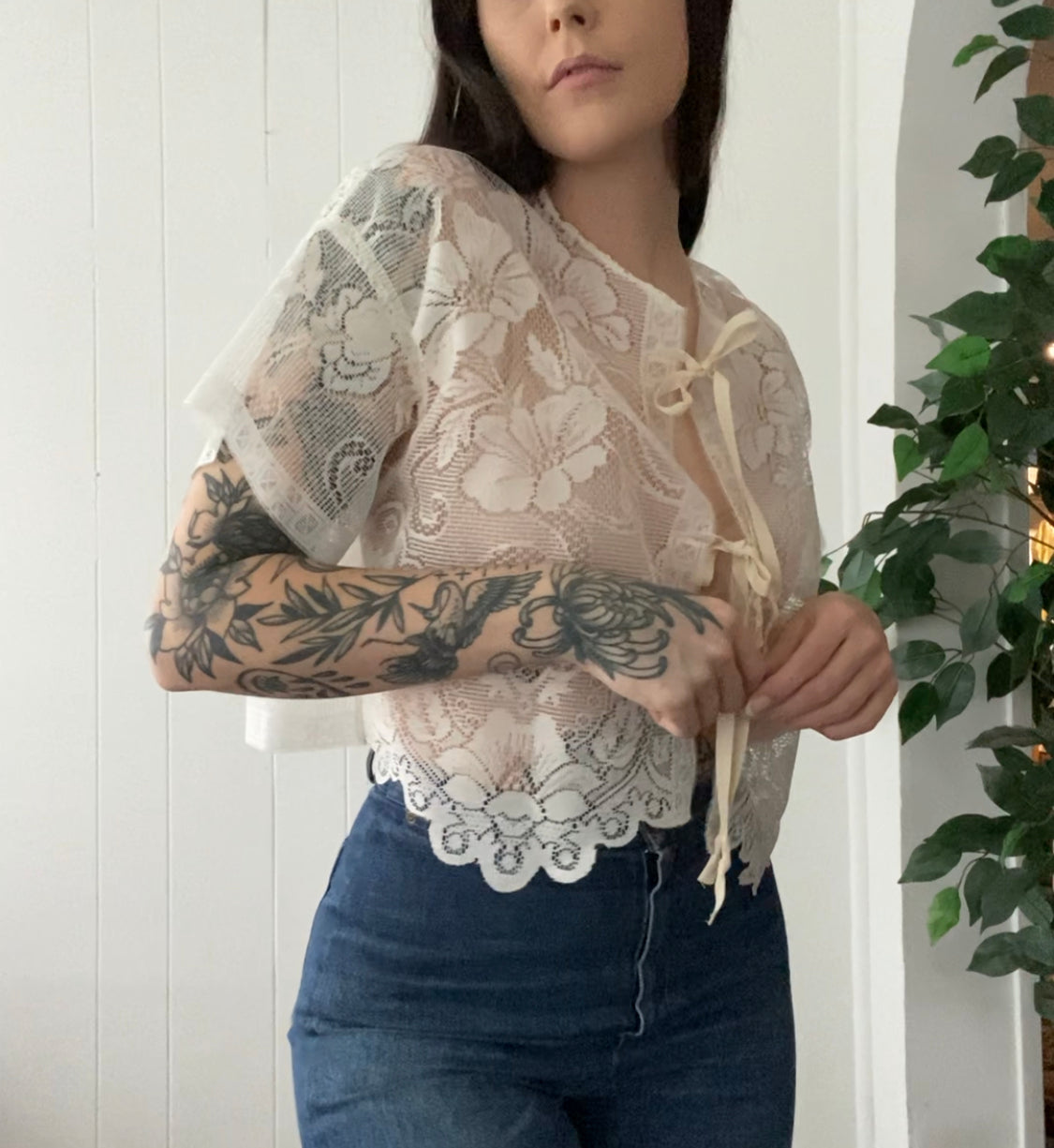(S/M) Upcycled Tie Front Mesh Blouse