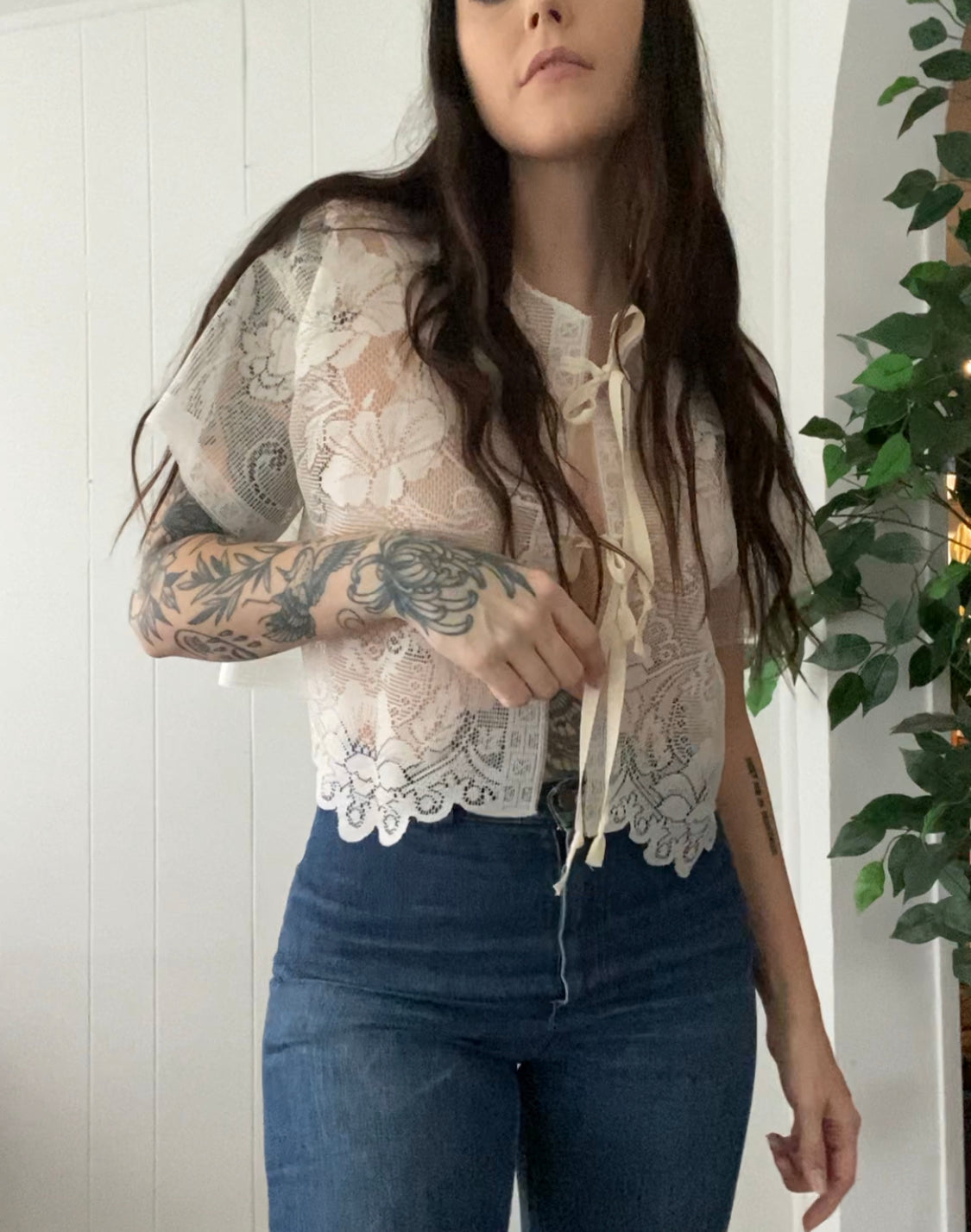 (S/M) Upcycled Tie Front Mesh Blouse