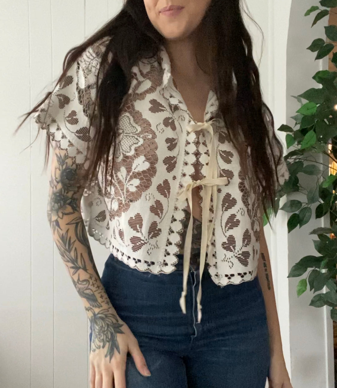 (M) Upcycled Tie Front Lace Blouse