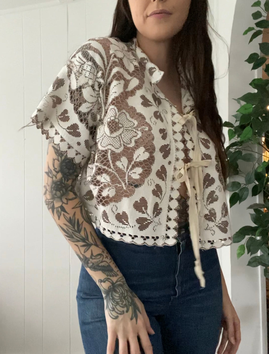 (M) Upcycled Tie Front Lace Blouse