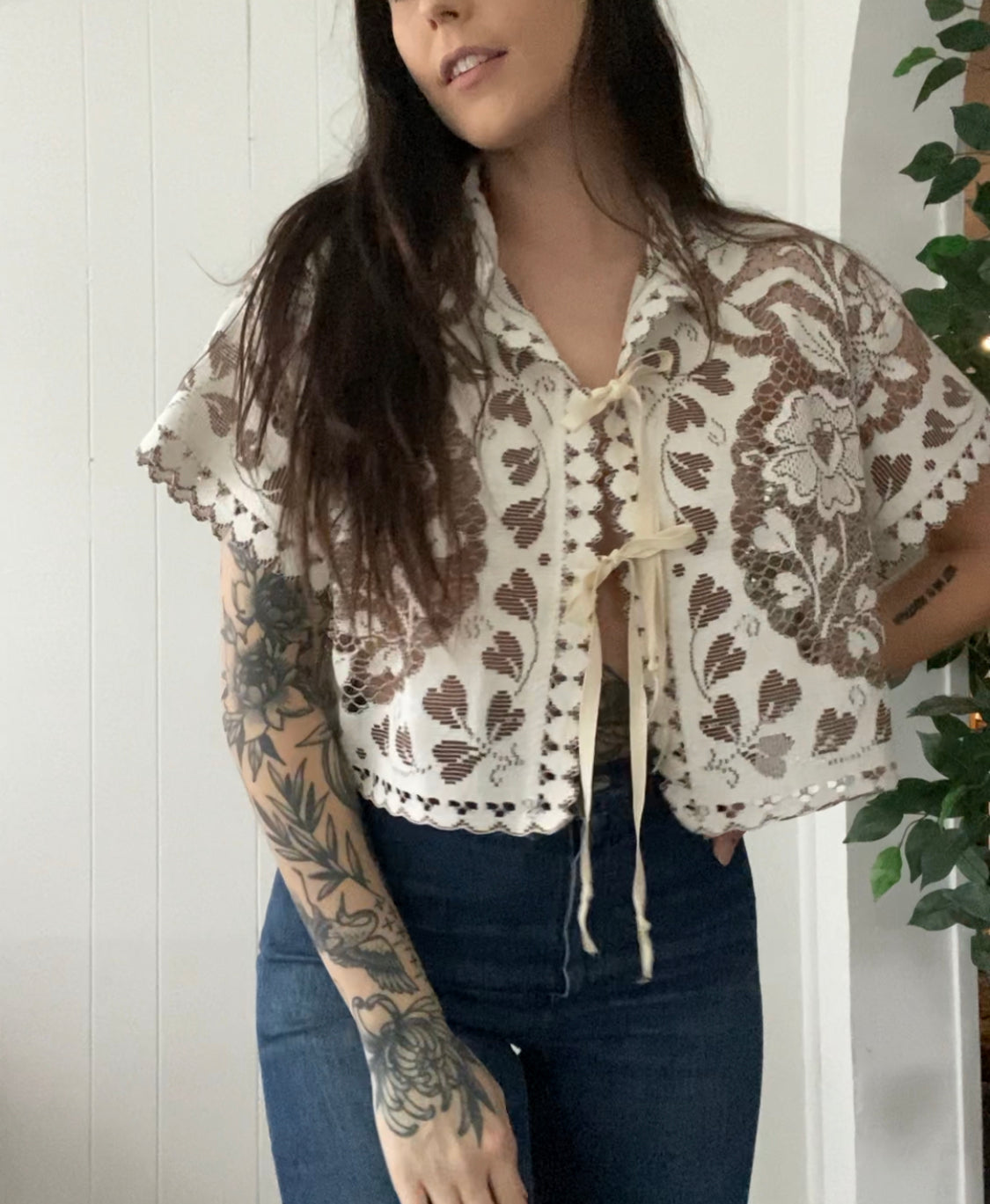 (M) Upcycled Tie Front Lace Blouse