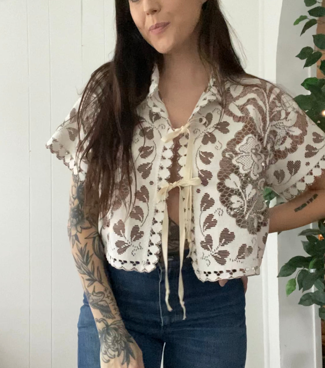 (M) Upcycled Tie Front Lace Blouse