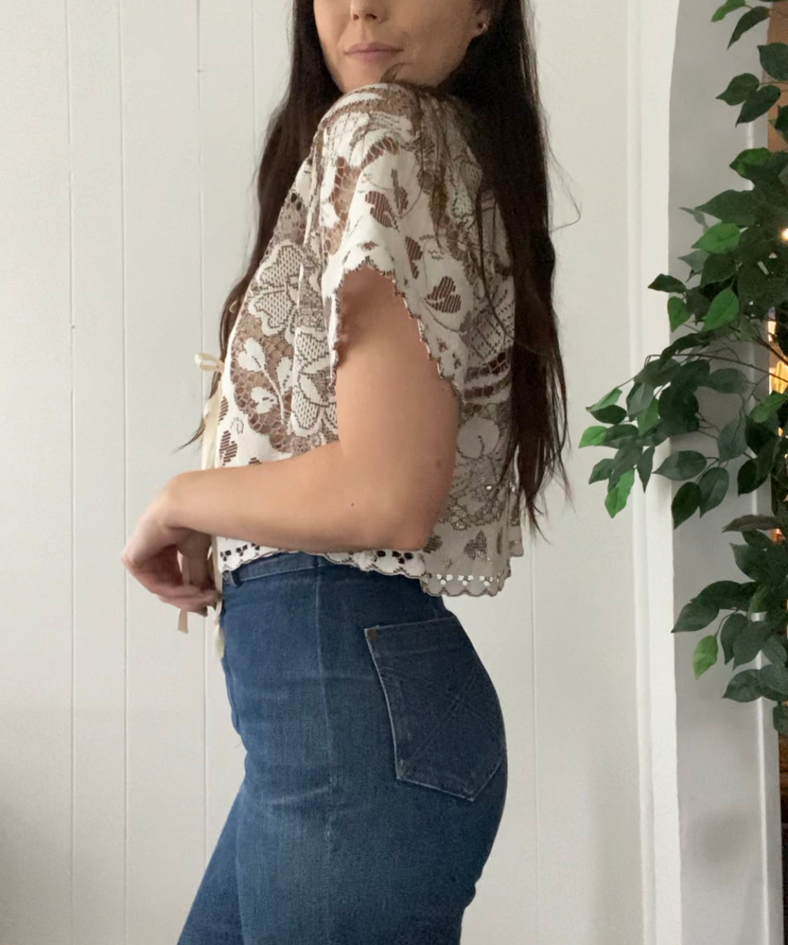 (M) Upcycled Tie Front Lace Blouse