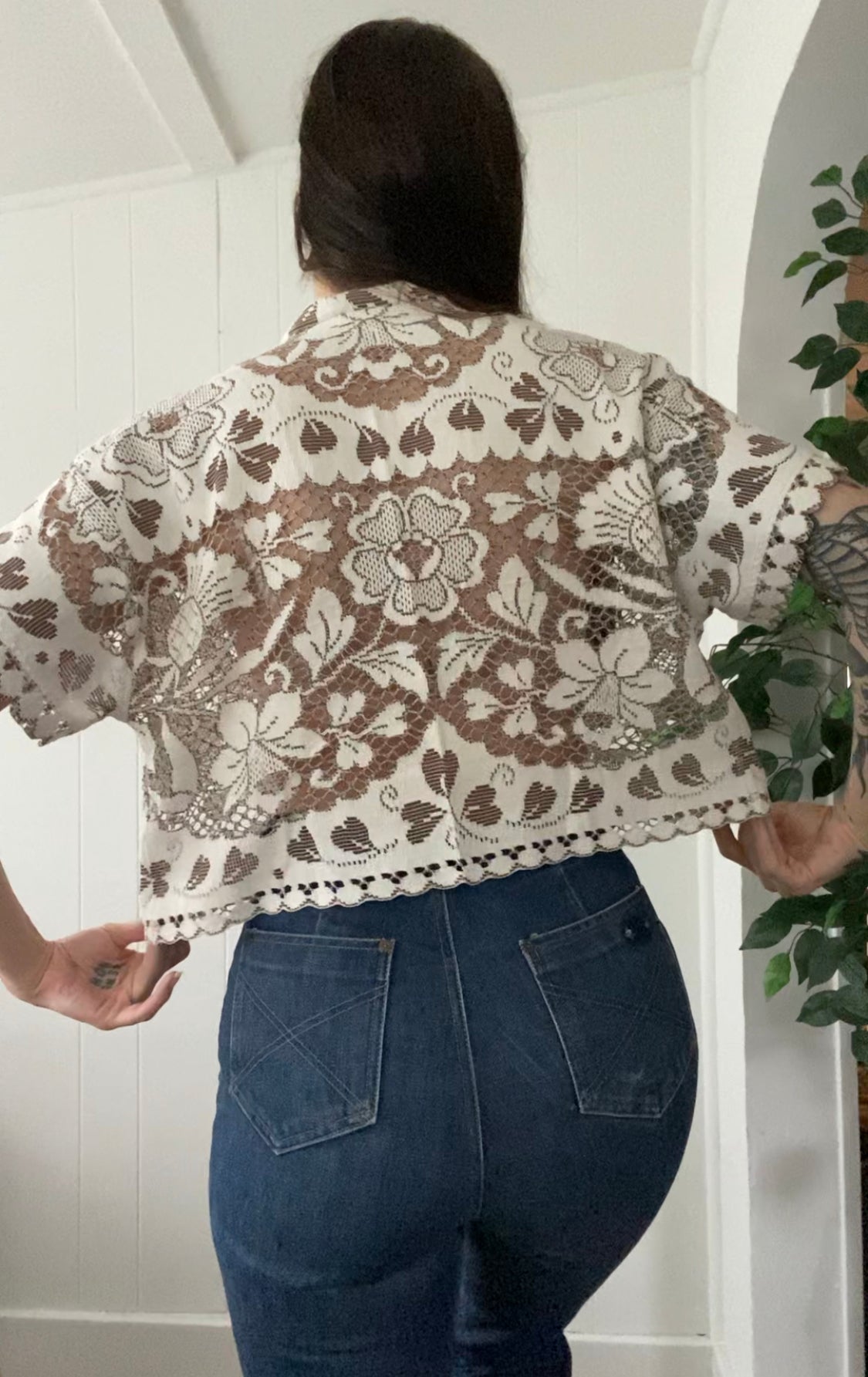 (M) Upcycled Tie Front Lace Blouse