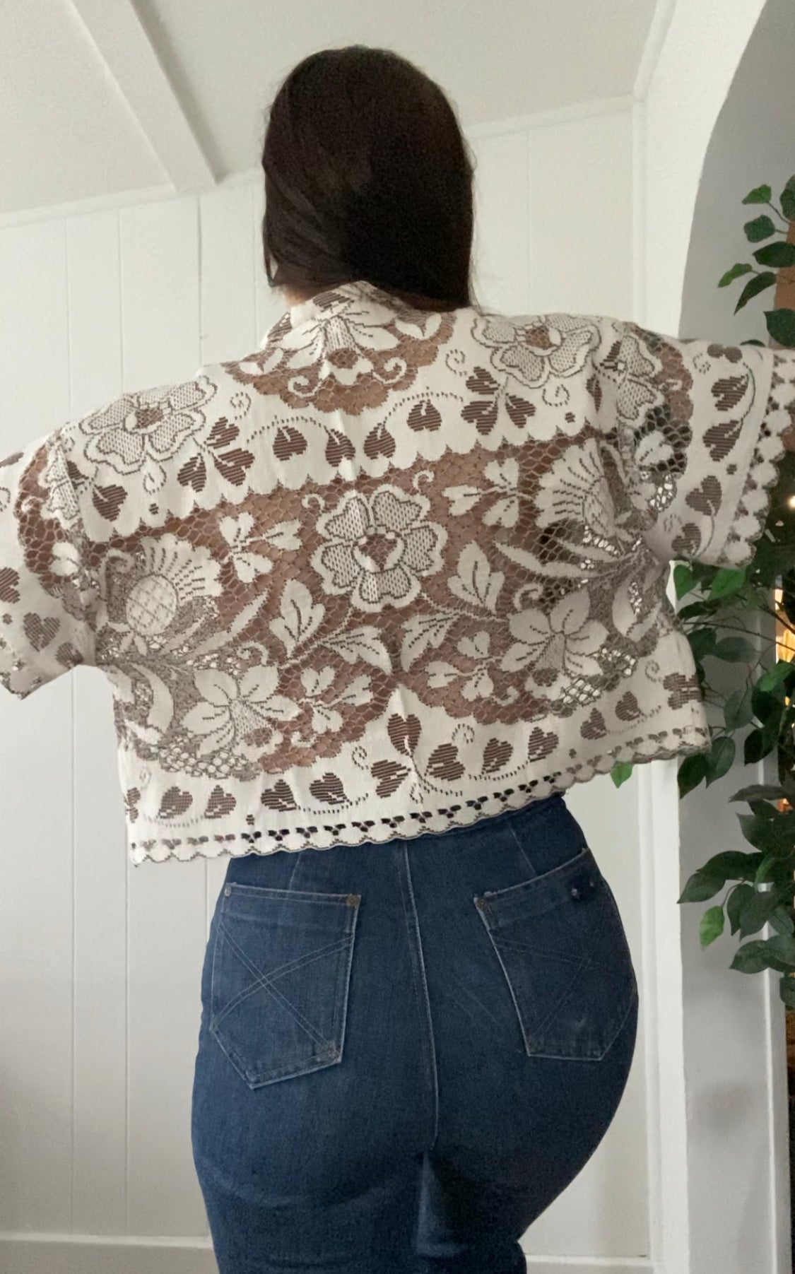 (M) Upcycled Tie Front Lace Blouse