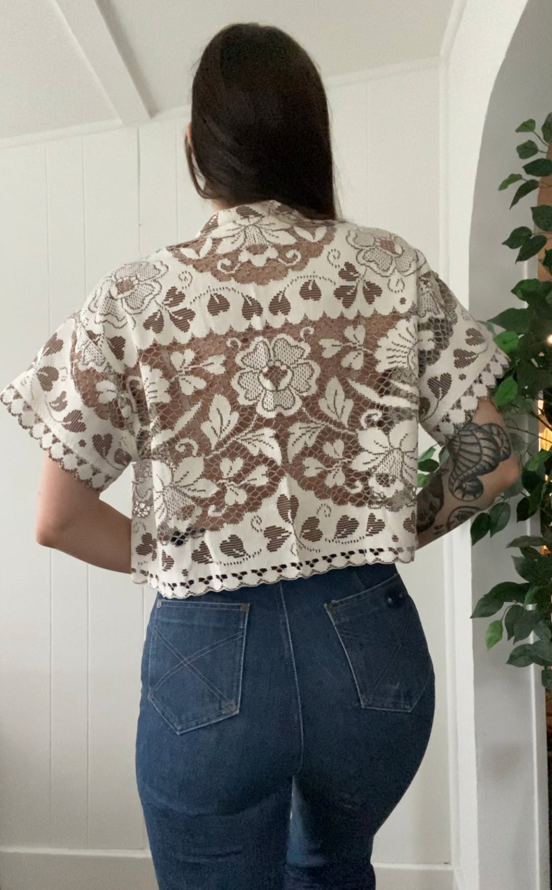 (M) Upcycled Tie Front Lace Blouse
