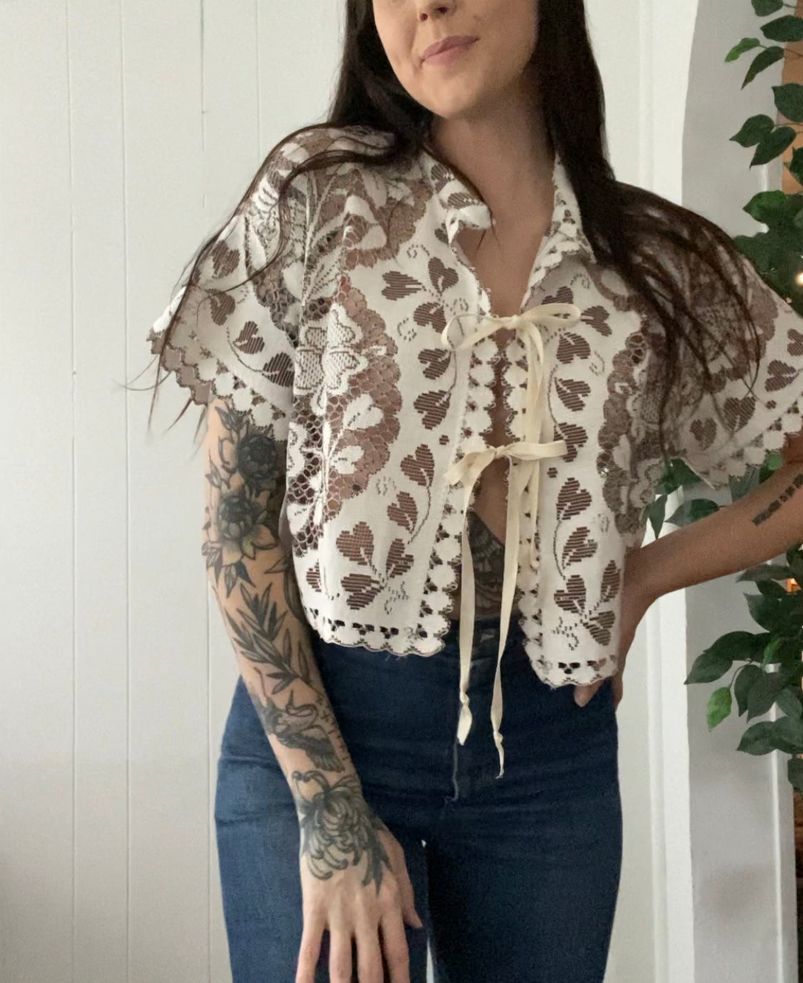 (M) Upcycled Tie Front Lace Blouse