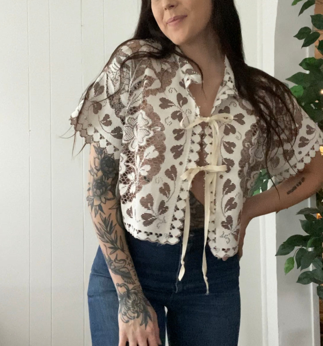 (M) Upcycled Tie Front Lace Blouse