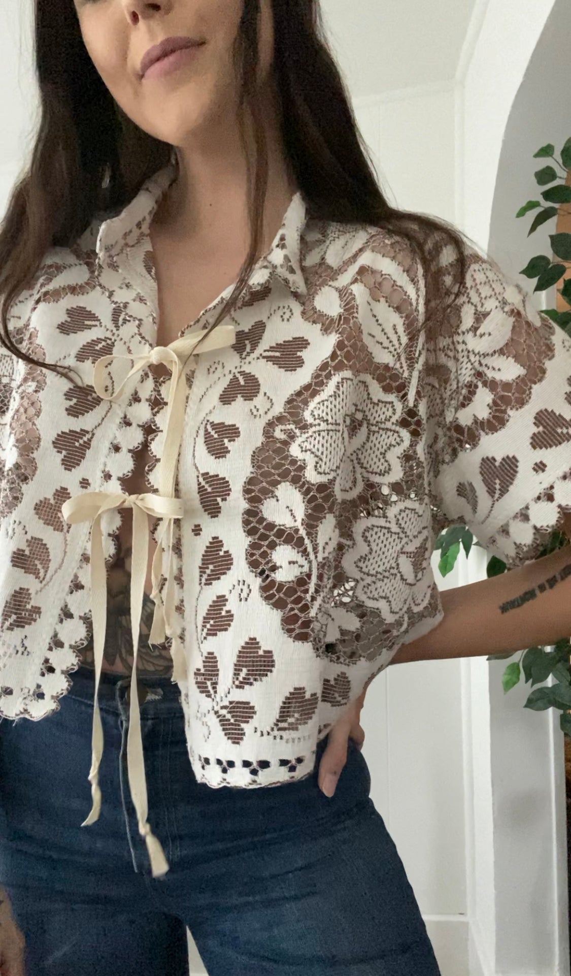 (M) Upcycled Tie Front Lace Blouse