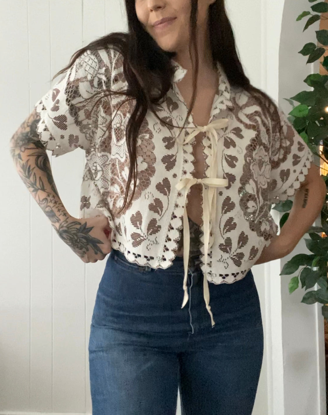 (M) Upcycled Tie Front Lace Blouse