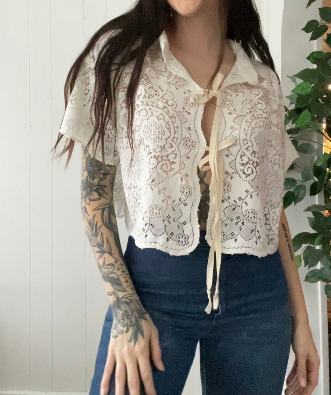 (M/L) Upcycled Tie Front Lace Blouse