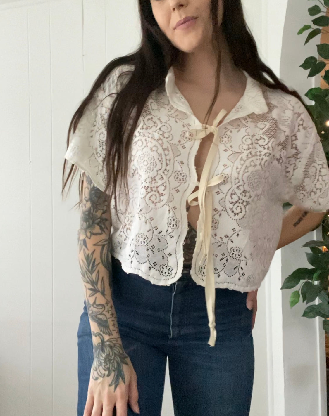 (M/L) Upcycled Tie Front Lace Blouse