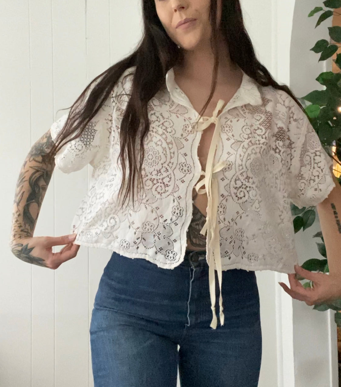 (M/L) Upcycled Tie Front Lace Blouse