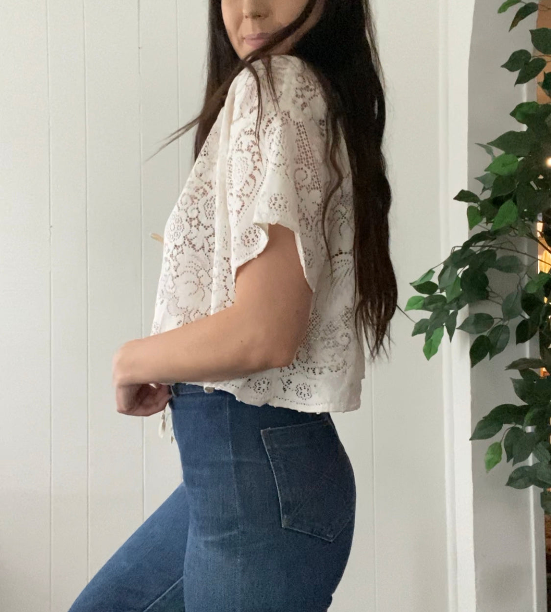 (M/L) Upcycled Tie Front Lace Blouse