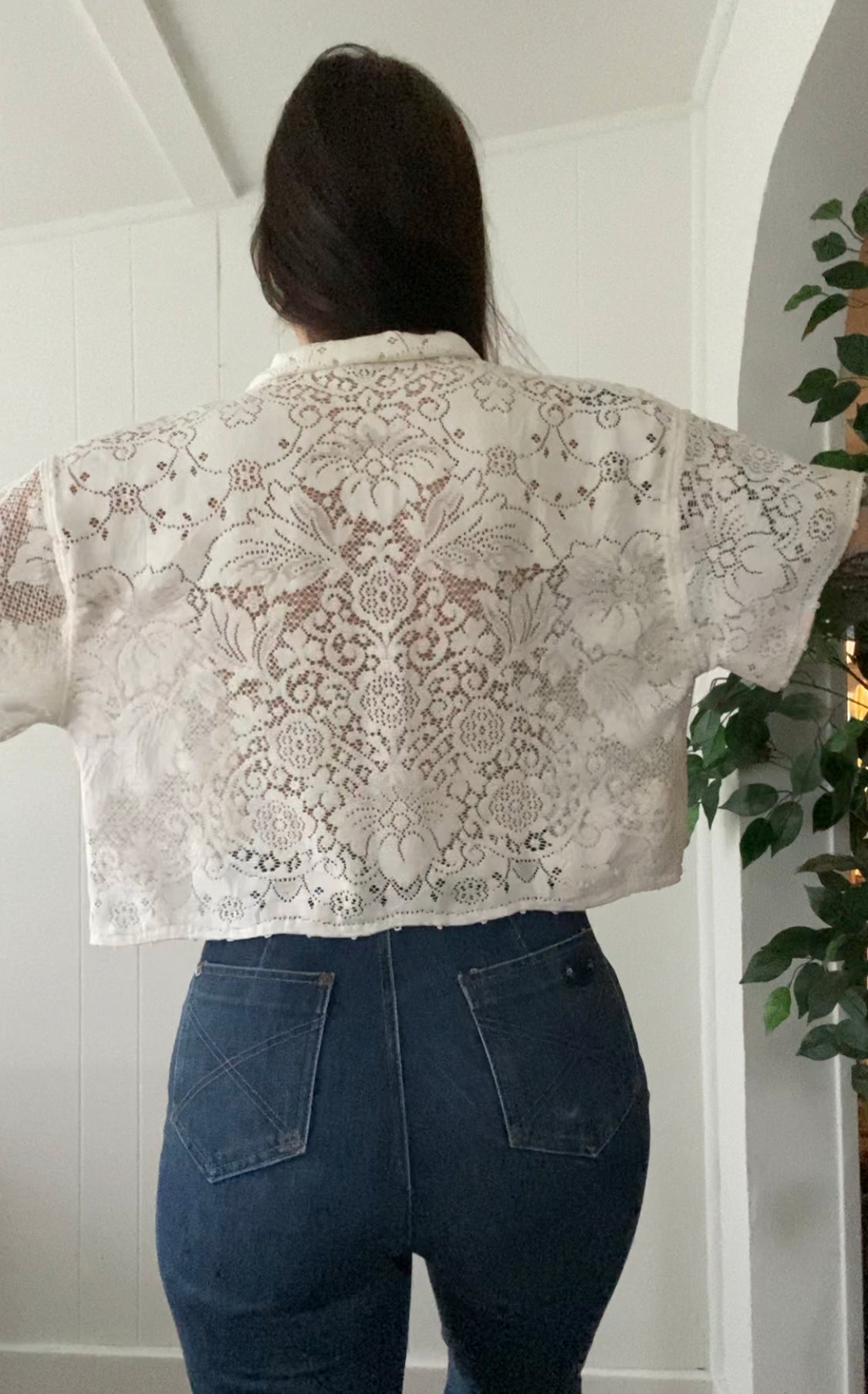 (M/L) Upcycled Tie Front Lace Blouse