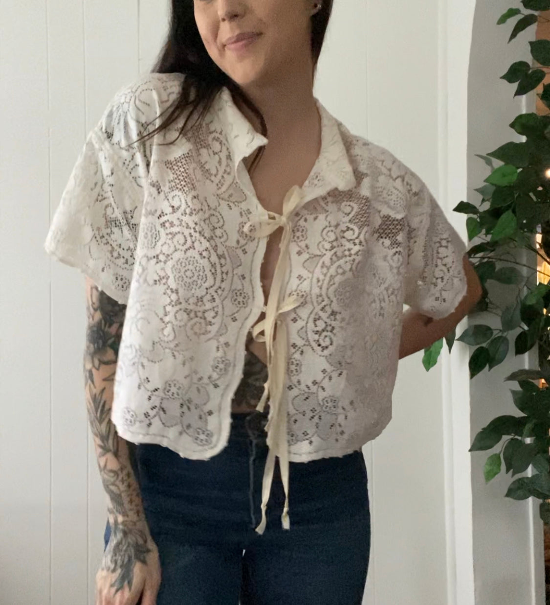 (M/L) Upcycled Tie Front Lace Blouse