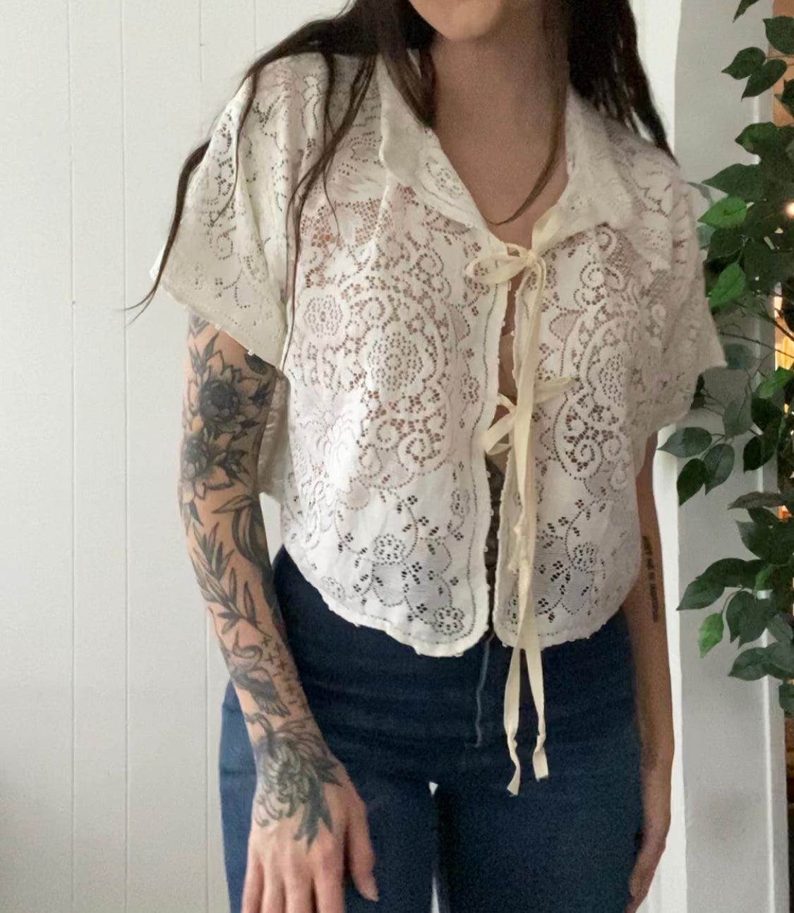 (M/L) Upcycled Tie Front Lace Blouse