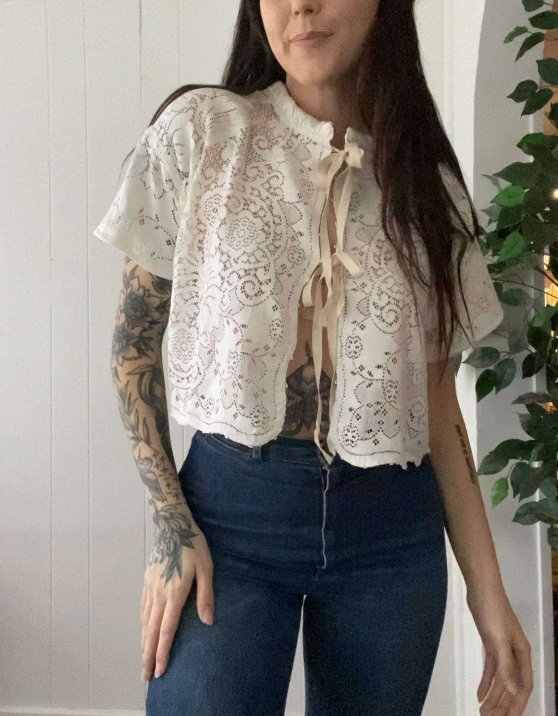 (M) Upcycled Tie Front Lace Blouse