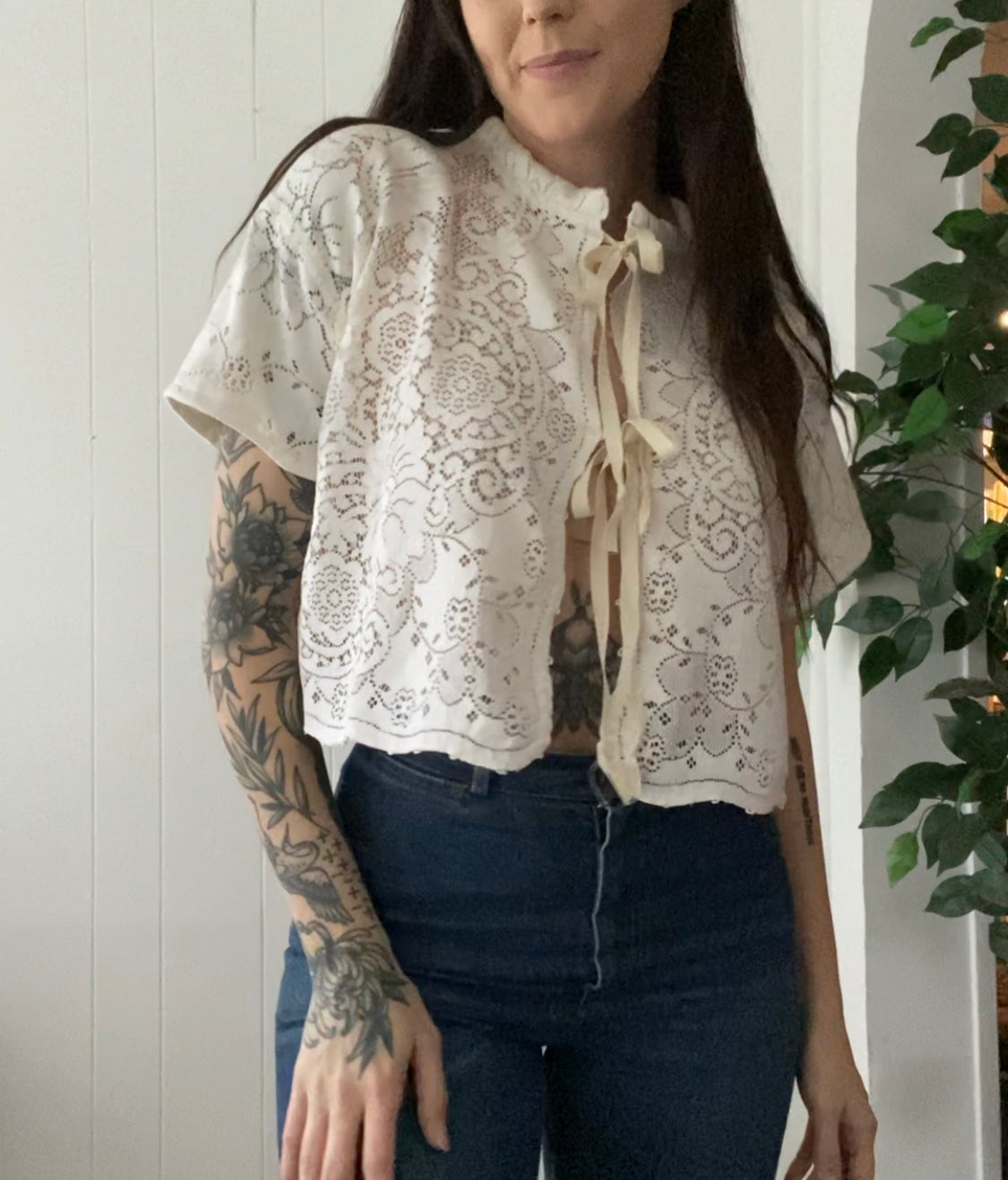 (M) Upcycled Tie Front Lace Blouse