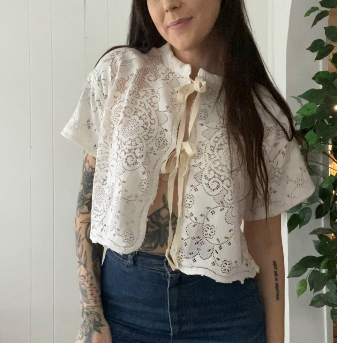 (M) Upcycled Tie Front Lace Blouse