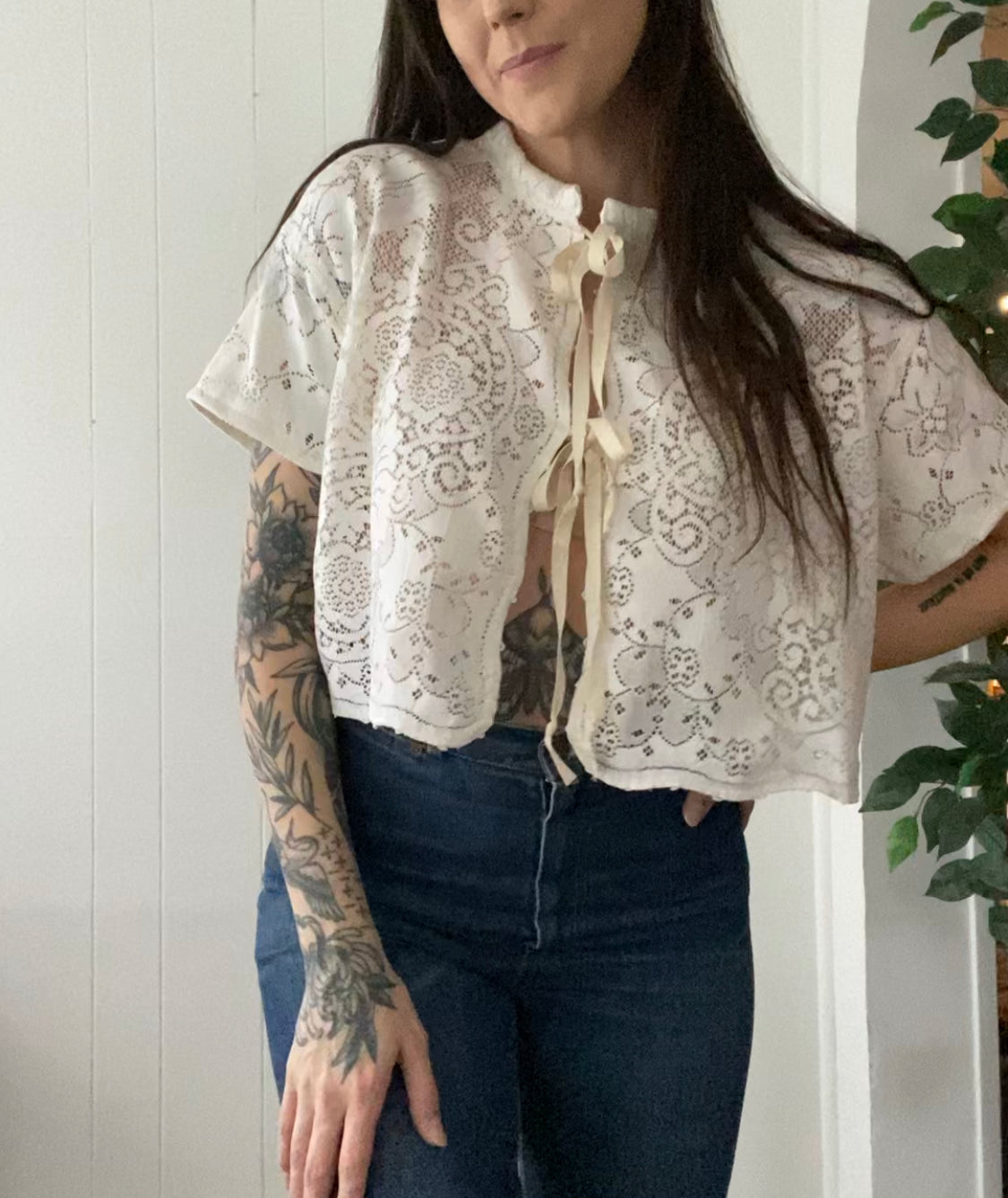 (M) Upcycled Tie Front Lace Blouse