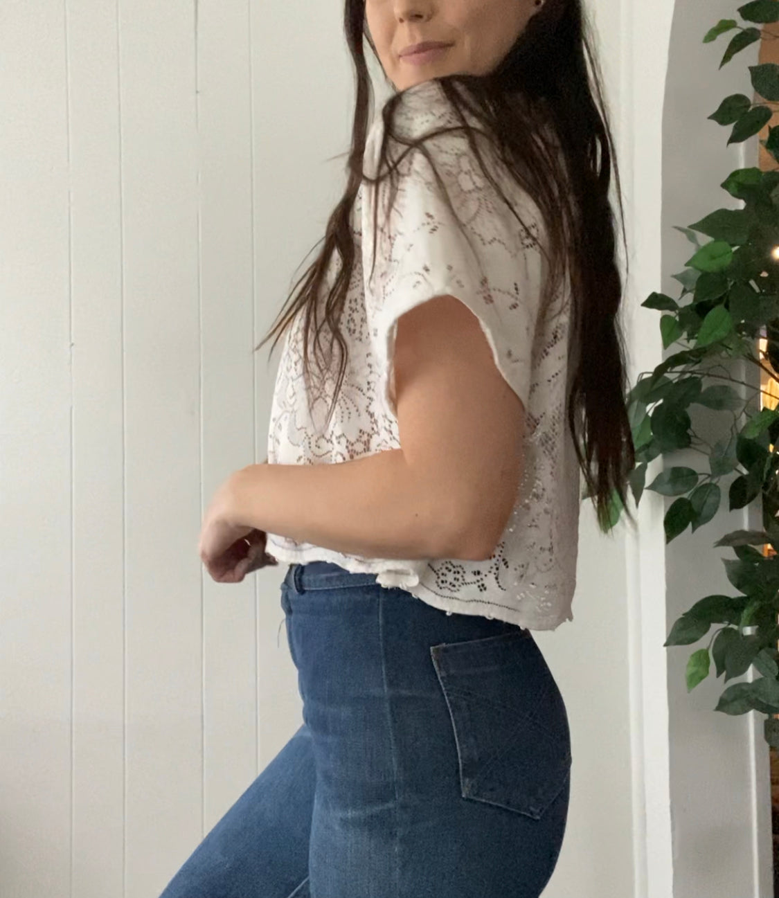 (M) Upcycled Tie Front Lace Blouse