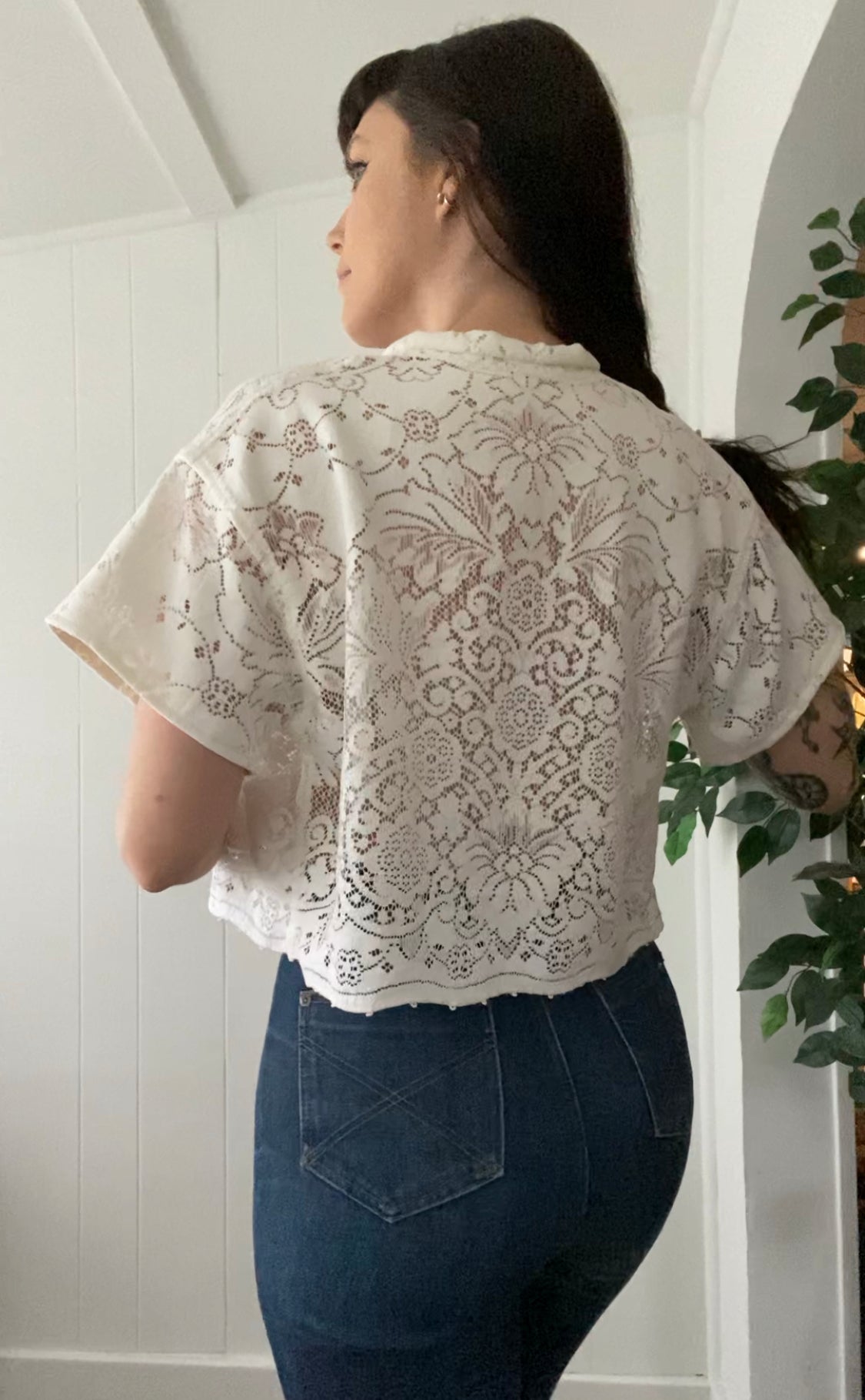 (M) Upcycled Tie Front Lace Blouse