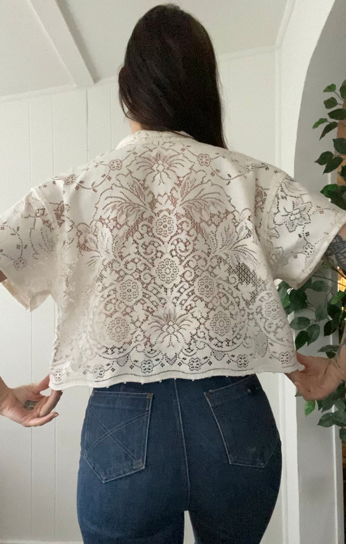 (M) Upcycled Tie Front Lace Blouse