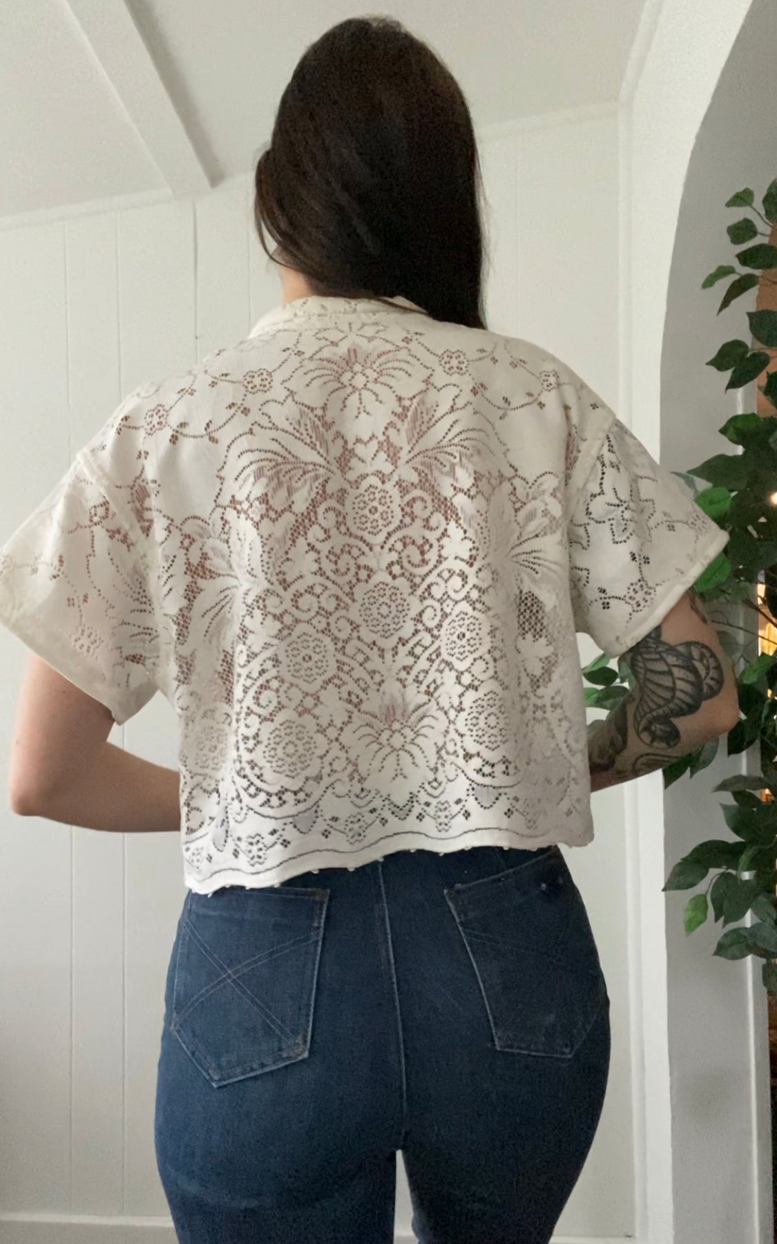 (M) Upcycled Tie Front Lace Blouse