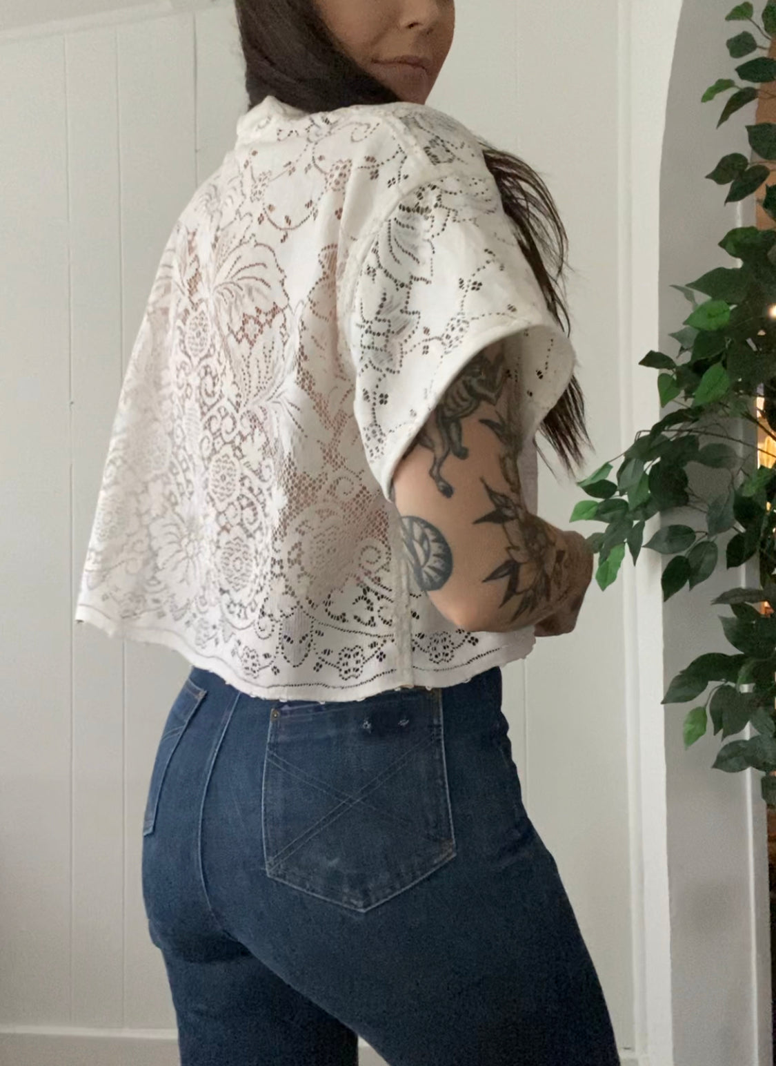 (M) Upcycled Tie Front Lace Blouse