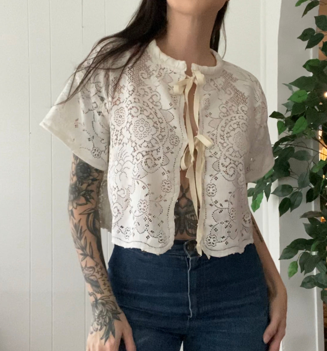(M) Upcycled Tie Front Lace Blouse