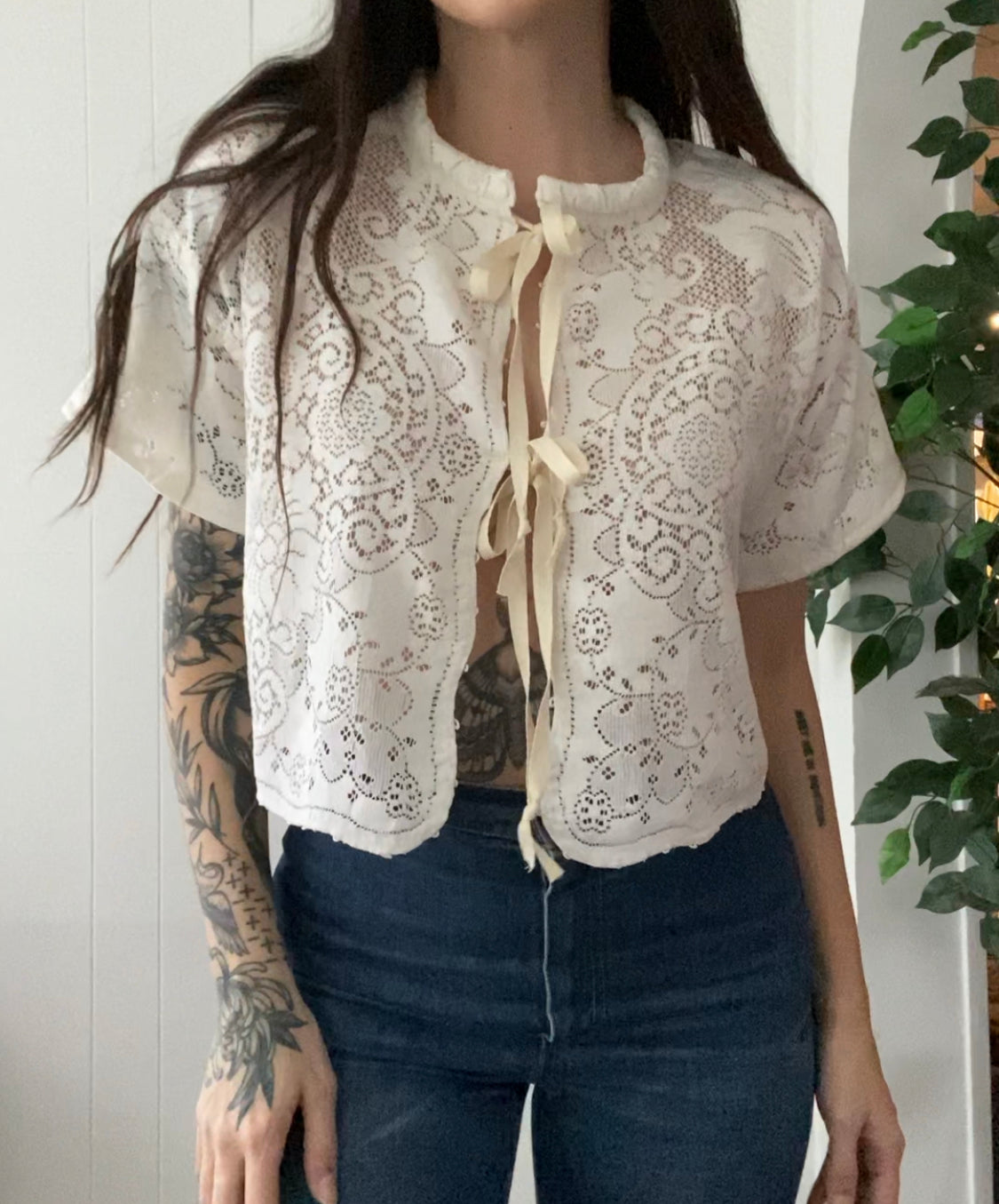 (M) Upcycled Tie Front Lace Blouse