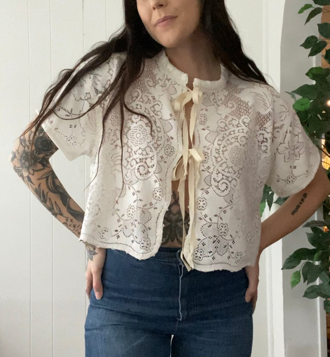 (M) Upcycled Tie Front Lace Blouse