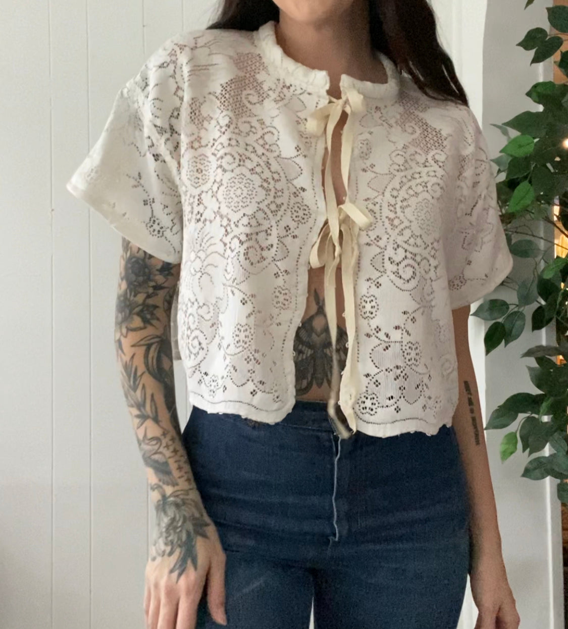 (M) Upcycled Tie Front Lace Blouse