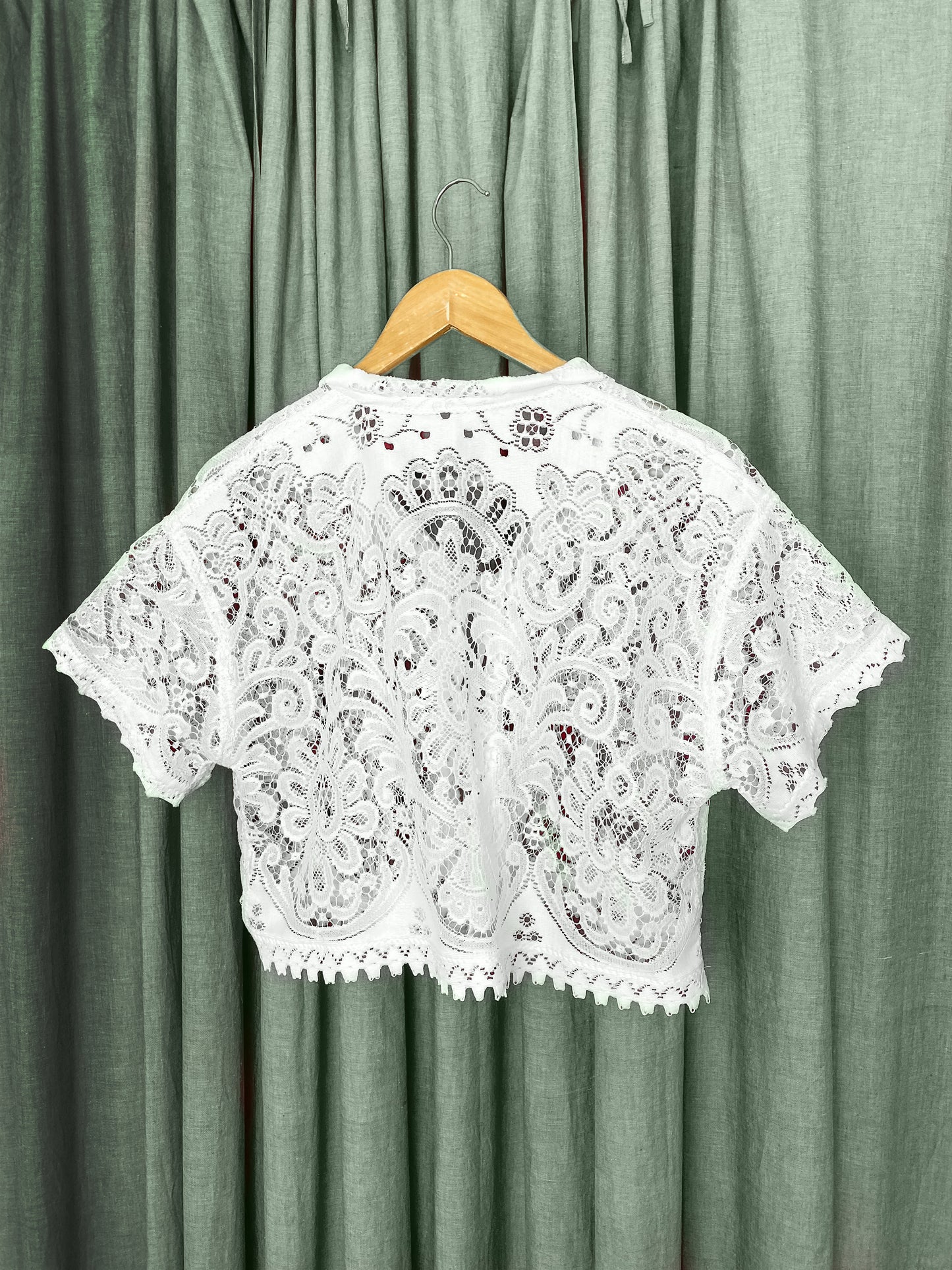 (S/M) Upcycled Tie Front Lace Blouse